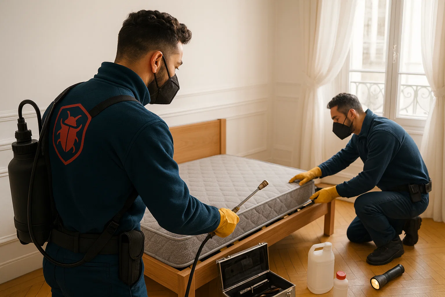 Équipe de techniciens professionnels traitant un logement infesté
