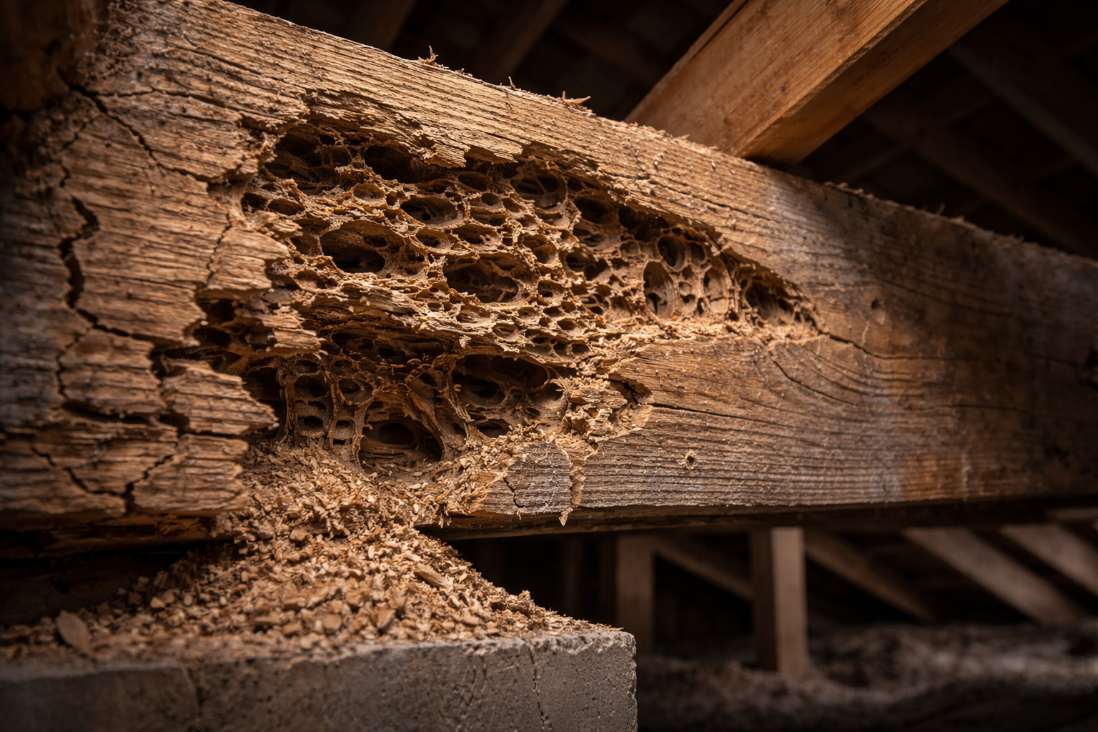 Dégâts de termites sur charpente bois