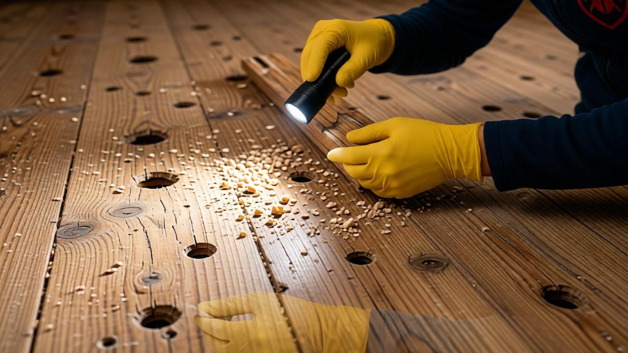 Dégâts de vrillettes sur parquet en bois